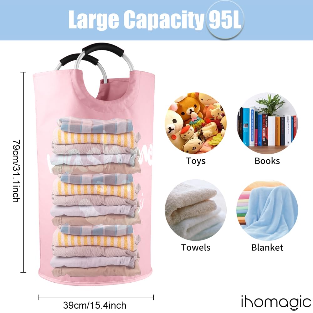 Ihomagic Laundry Hamper With Handles, 95 L, Freestanding Laundry Container, Foldable, Laundry Bag With Smiley Pattern For Dirty