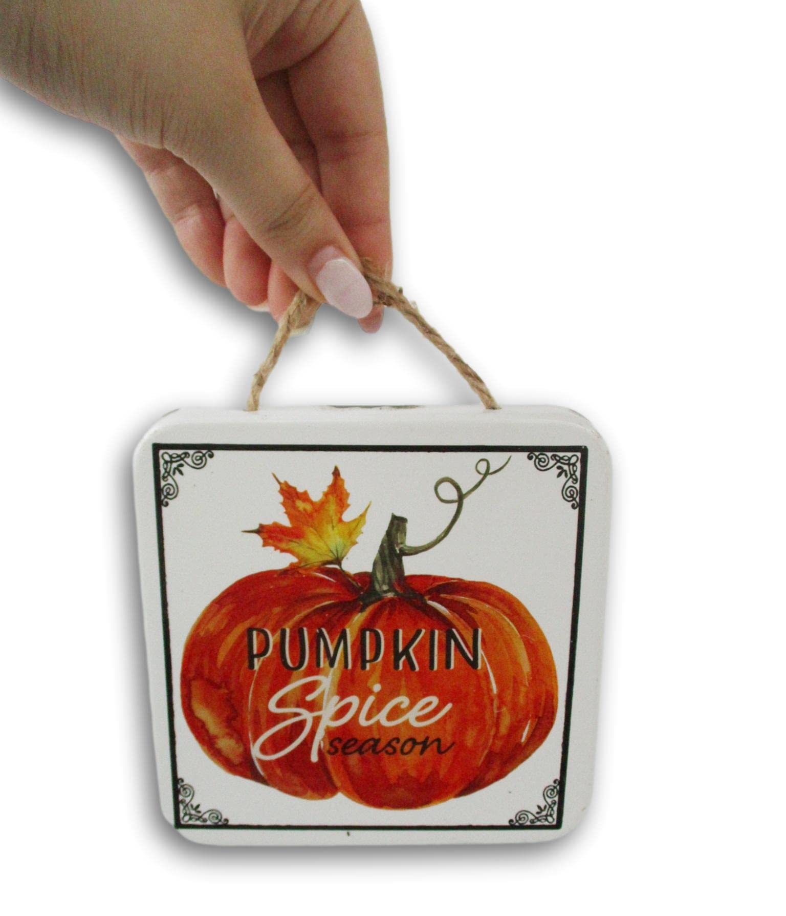 Craft Supply Fall Autumn Thanksgiving Metal Decor Sign - Small White Hanging Wall Decor - 5 x 5 Inches (Pumpkin Spice Season)
