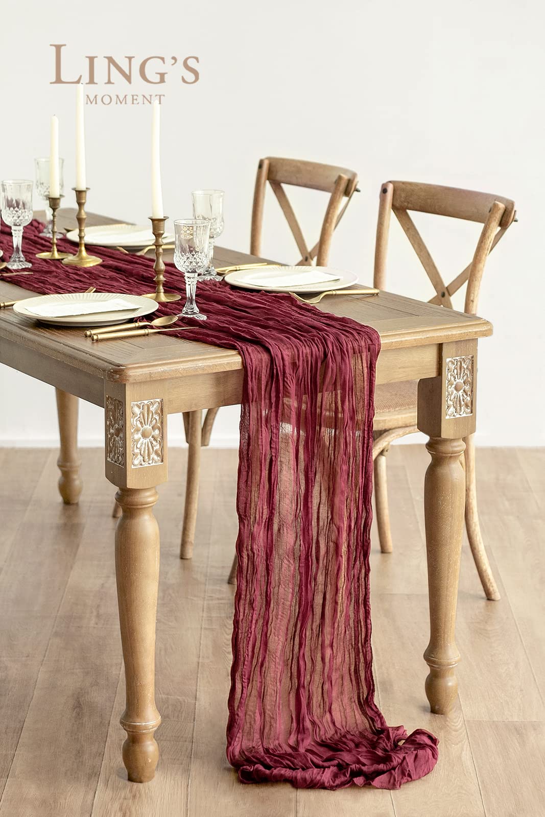 Ling 'S Moment 10Ft Burgundy Table Runner Maroon Cheesecloth Cranberry Table Runner Dark Red Garnet Gauze Semi-Sheer Tablecloth