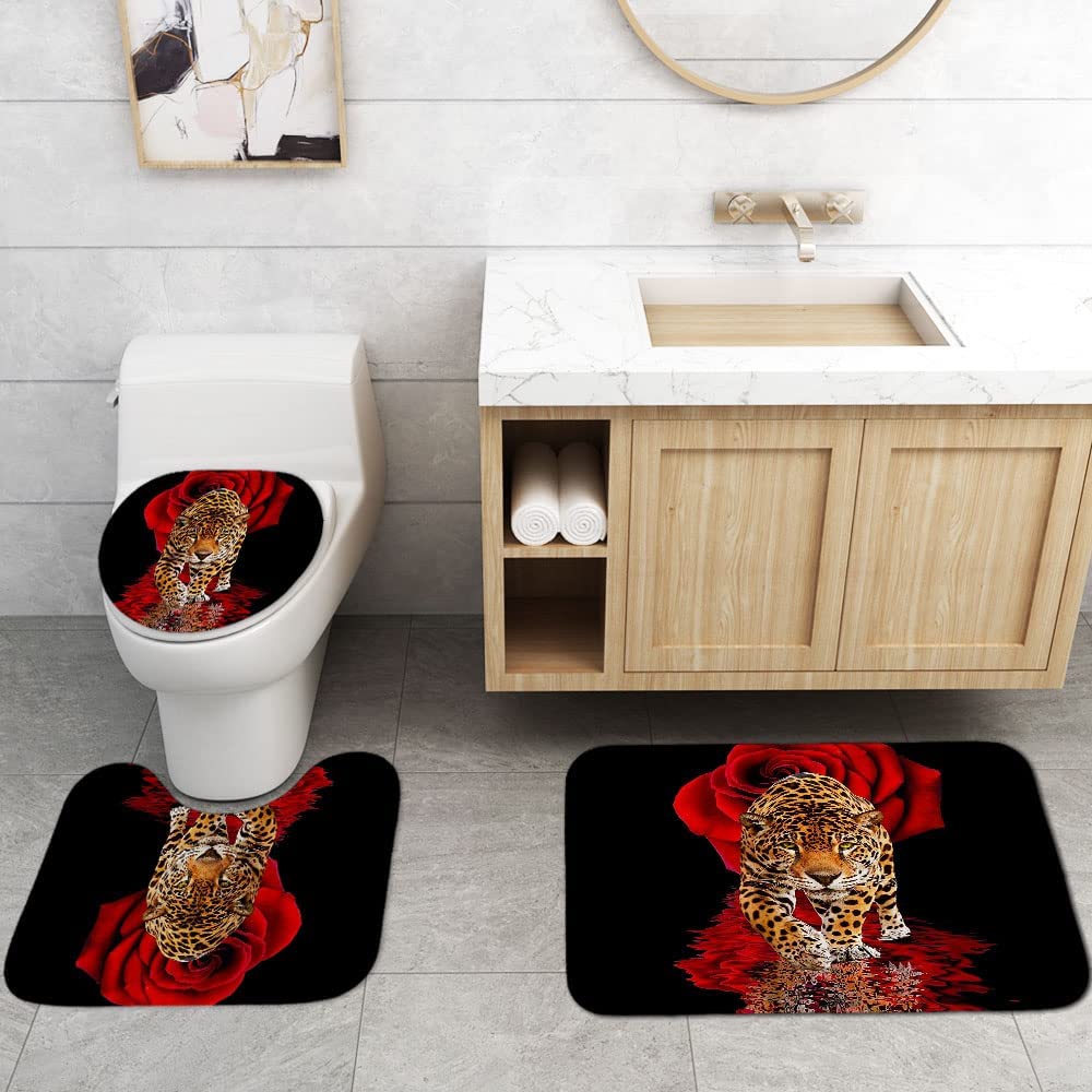 Jieprom 4Pcs Red Rose And Leopard Shower Curtain Set With Non-Slip Rugs, Toilet Lid Cover And Bath Mat, Animal Shower Curtain Wi
