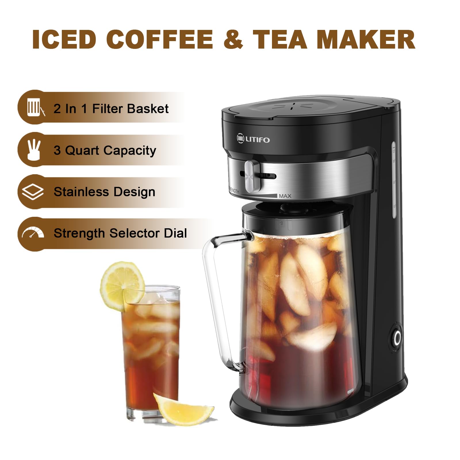 LITIFO Iced Tea and Coffee Maker, 2.5QT Stainless Steel, Black 2.0, with Strength Selector for Custom Taste