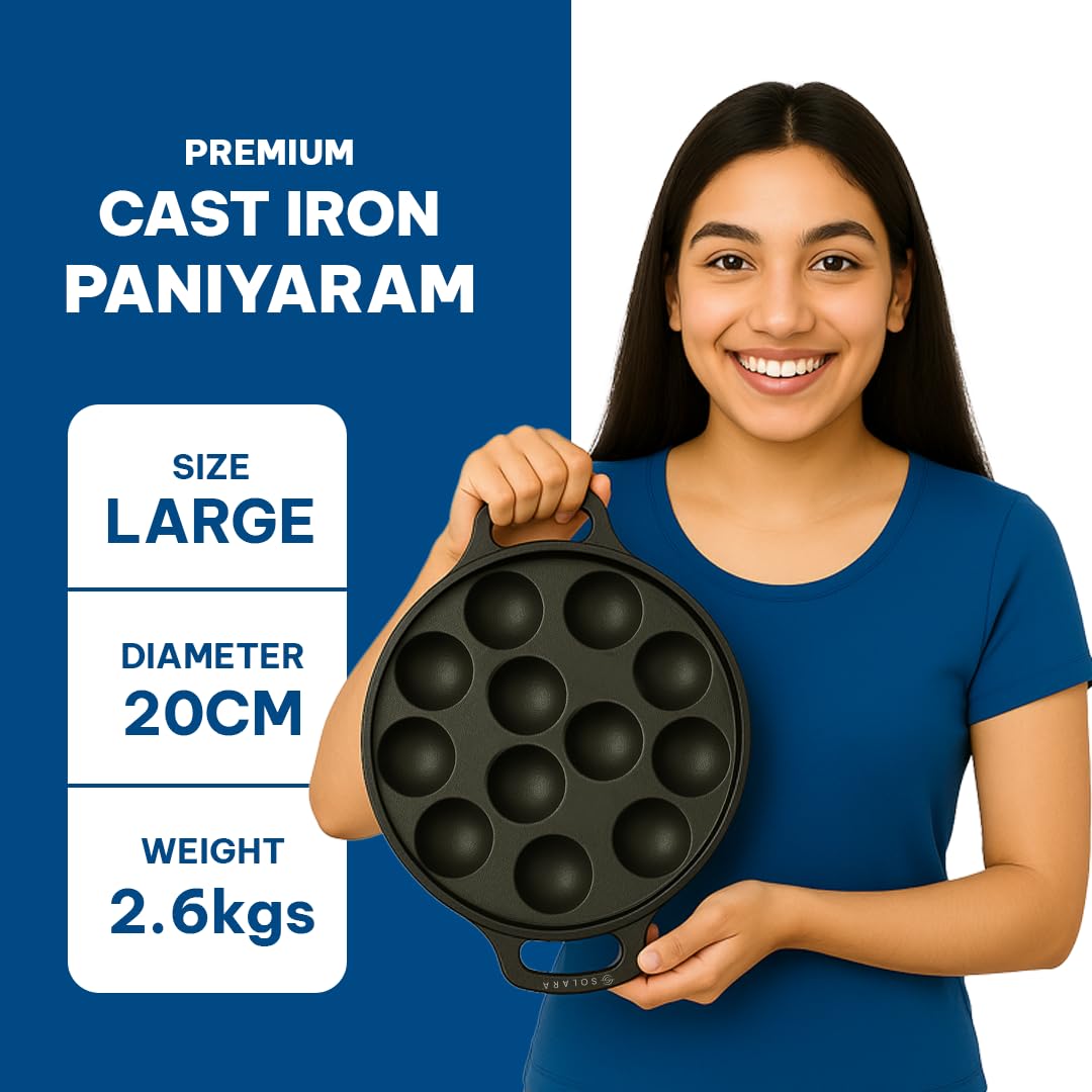 SOLARA Pre Seasoned Cast Iron Paniyaram Pan 12 Cavities 8 Inch, 20 cm Appam Patra, Paniyarakkal Pan for Appe, Gunta Ponganalu, P