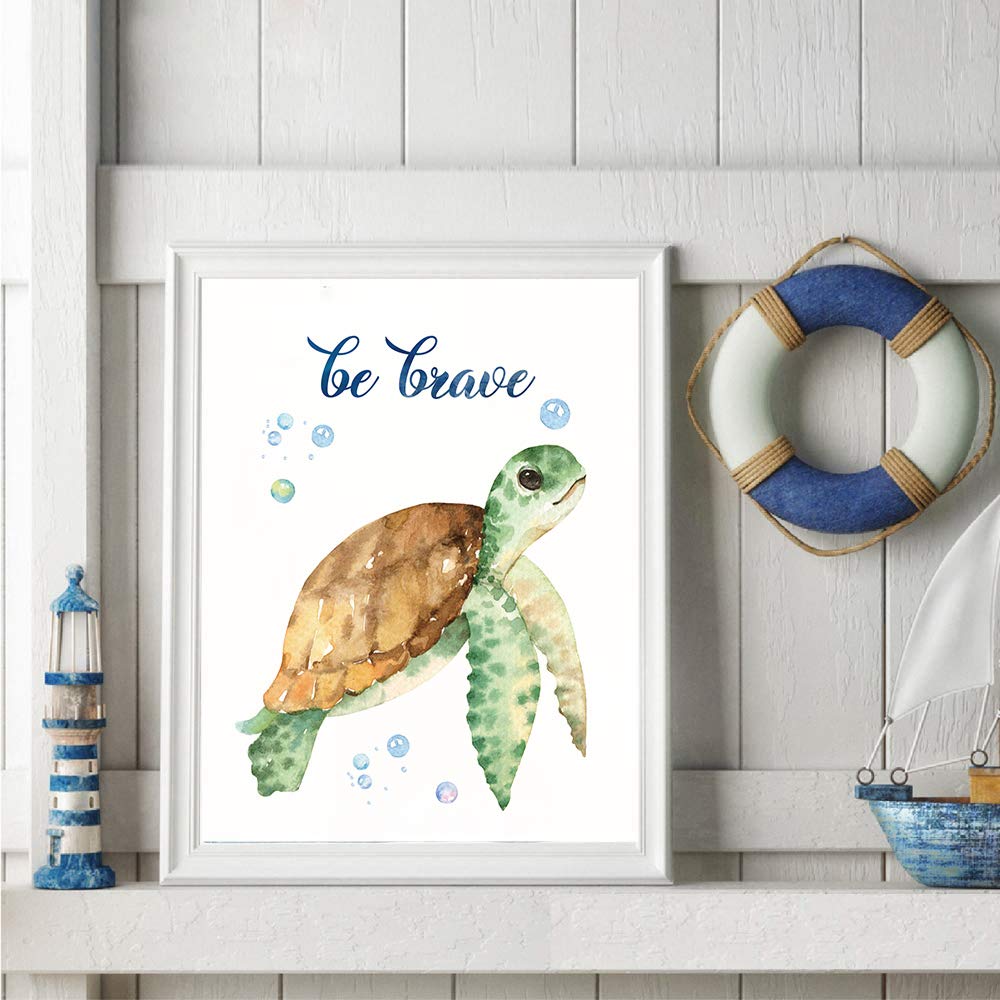 SUUURA-OO Lovely Inspirational Words Texture of Dreams Watercolor Sea marine life Art Print Set of 4 (8?10?  Sea Turtle Seahorse fish whale Jellyfish Wall Poster  Blue Ocean Theme Nursery Kids Room Wall Decor  No Frame