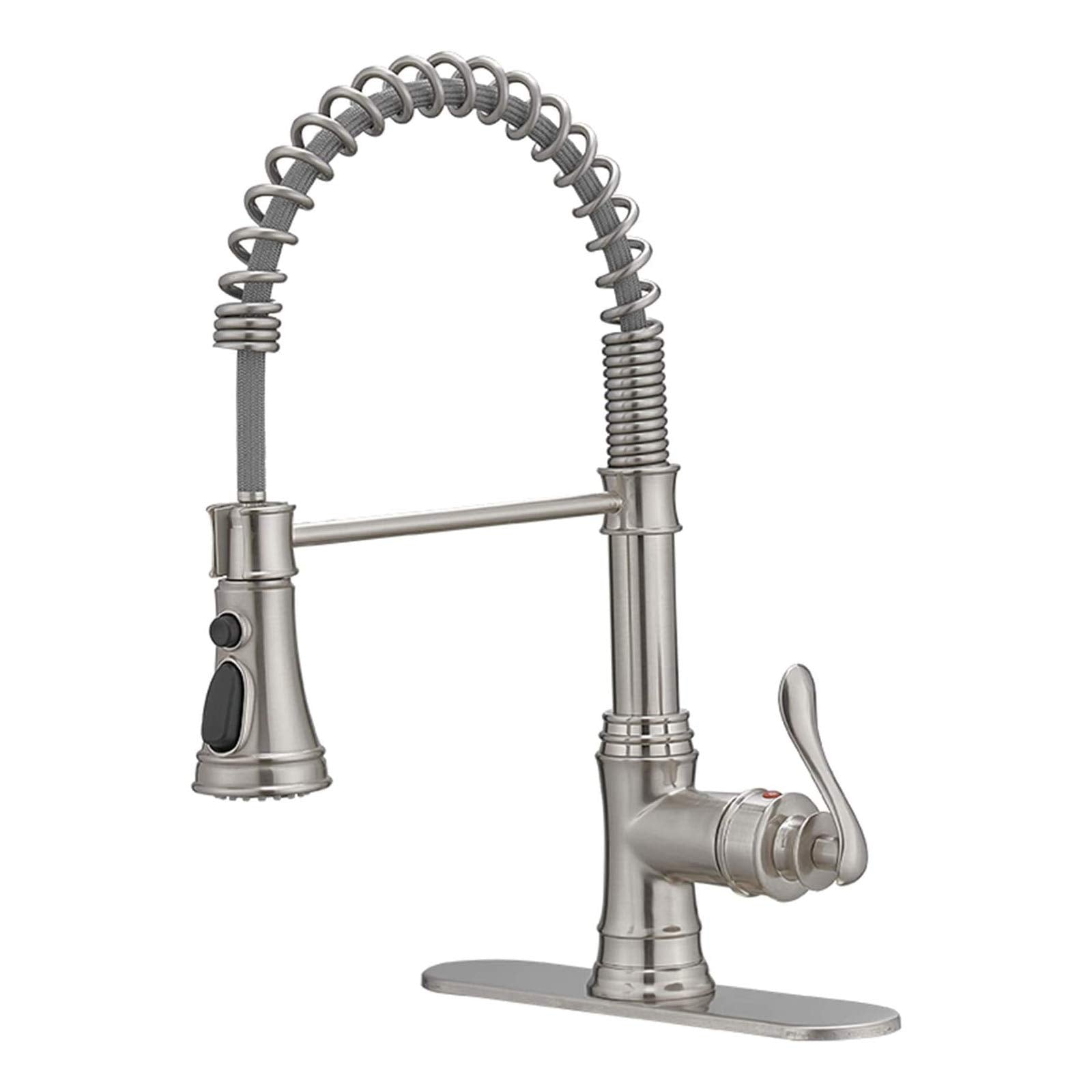 Bwe Kitchen Sink Faucet Brushed Nickel With Deck Plate Single Handle Lever With Pull Down Sprayer Spring Kitchen Faucet 3 Functi