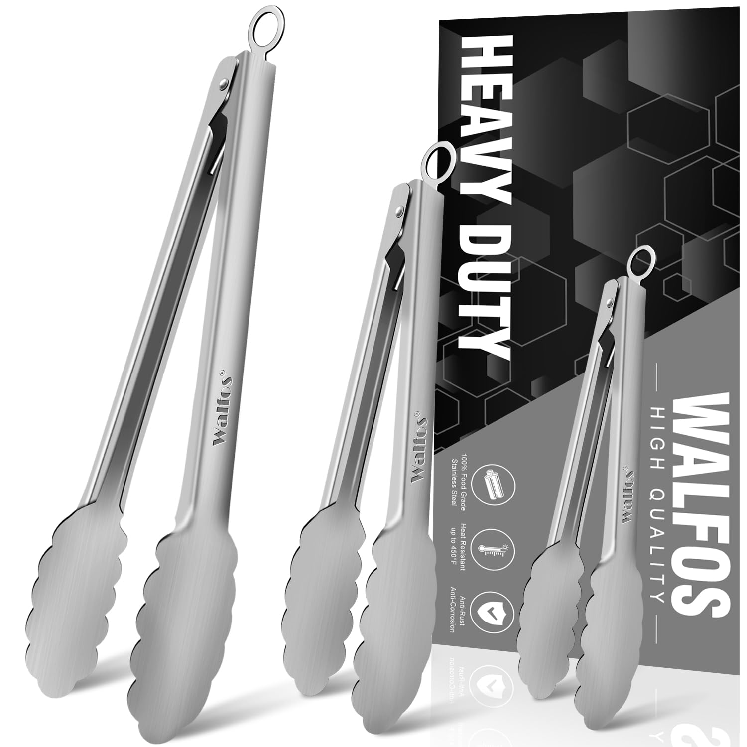 Walfos All Metal Kitchen Tongs For Cooking, Bbq Grilling, 600? Heat Resistant Stainless Steel Tongs - Heavy Duty 7 ,9 And 12 Inc
