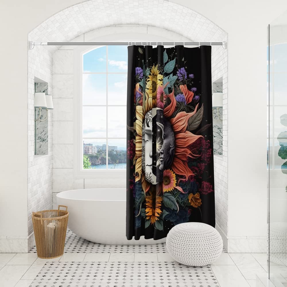 Reateforin Boho Mid Century Shower Curtain Celestial Sun Moon Love Stars Fantasy Galaxy Mushroom Shower Curtains Sunflower Plant