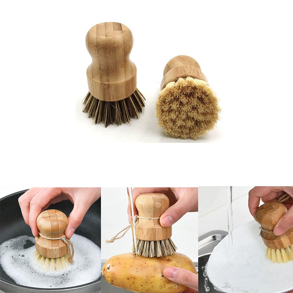 2 Pcs Palm Pot Brush,Bamboo Dish Brush Natural Scrub Brush Coconut Bristles Pot Brushes Dish Scrubber Cleaning Kit For Cleaning