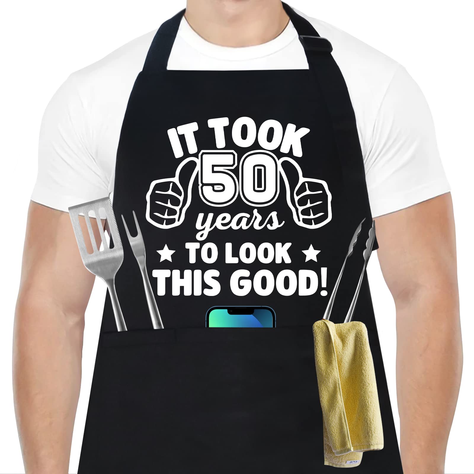 50Th Birthday Gifts For Men Women, 1974 Happy 50Th Birthday Gift Ideas, 50 Years Old Chef Aprons For Men With 3 Pockets, Funny C
