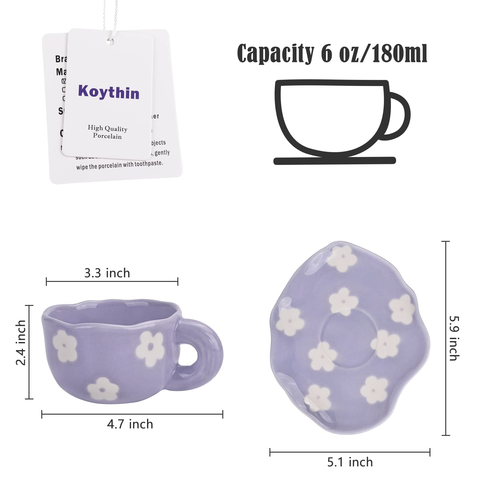 Koythin Ceramic Coffee Mug With Saucer Set, Cute Creative Cup Unique Irregular Saucer Design For Office And Home, 6 Oz/180 Ml Fo