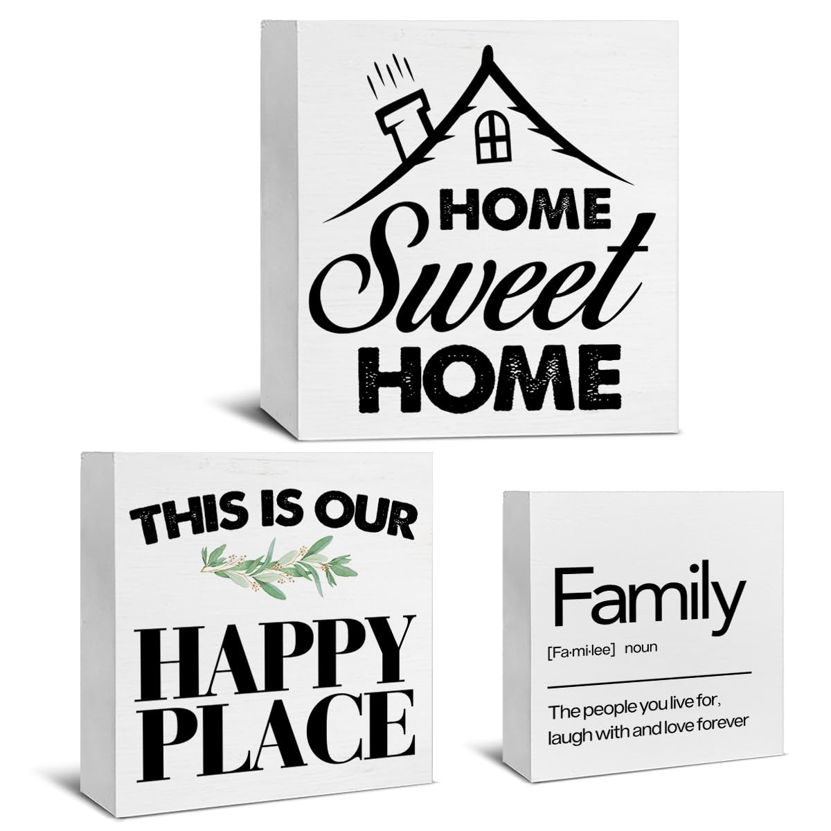 3 Pcs Home Wood Signs Decor Family Wood Block Signs Home Sweet Home This Is Our Happy Place Wooden Box Signs Decorations for Hom