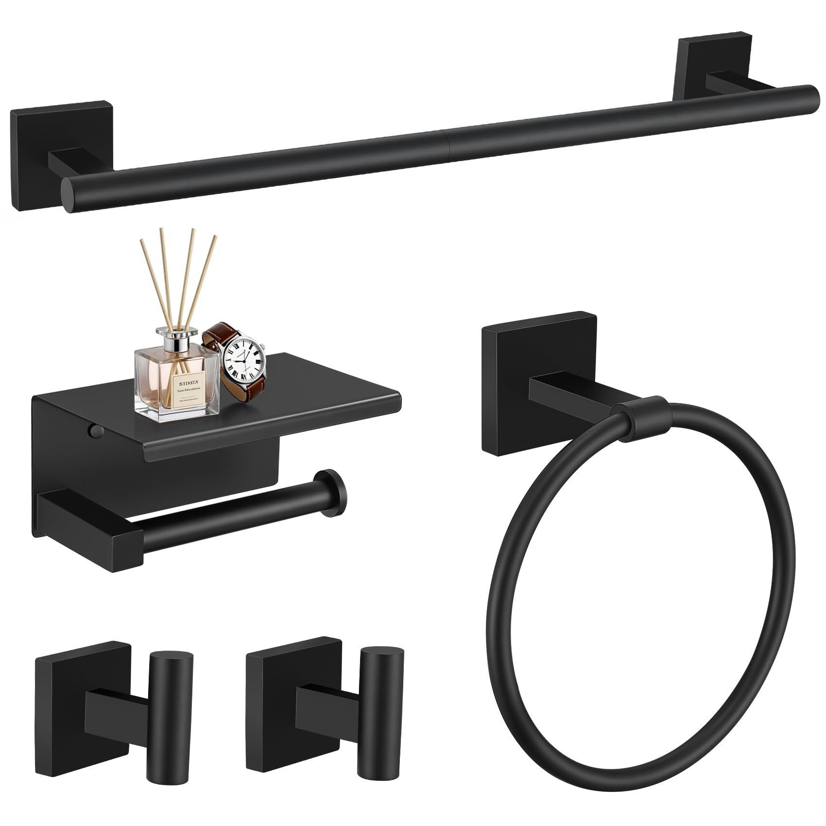 TURS 5-Pieces Matte Black Bathroom Hardware Set 23.6 Inch SUS304 Stainless Steel Towel Bar Set Wall Mounted Square Toilet Paper 