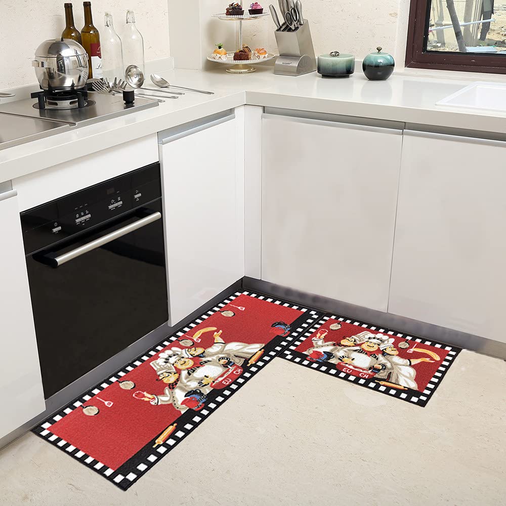 EUCH 2 Piece Kitchen Mat Rubber Backing Carpet Doormat Runner Bathroom Rug Set 17''x47''+17''x23'' (Big Three Chef)