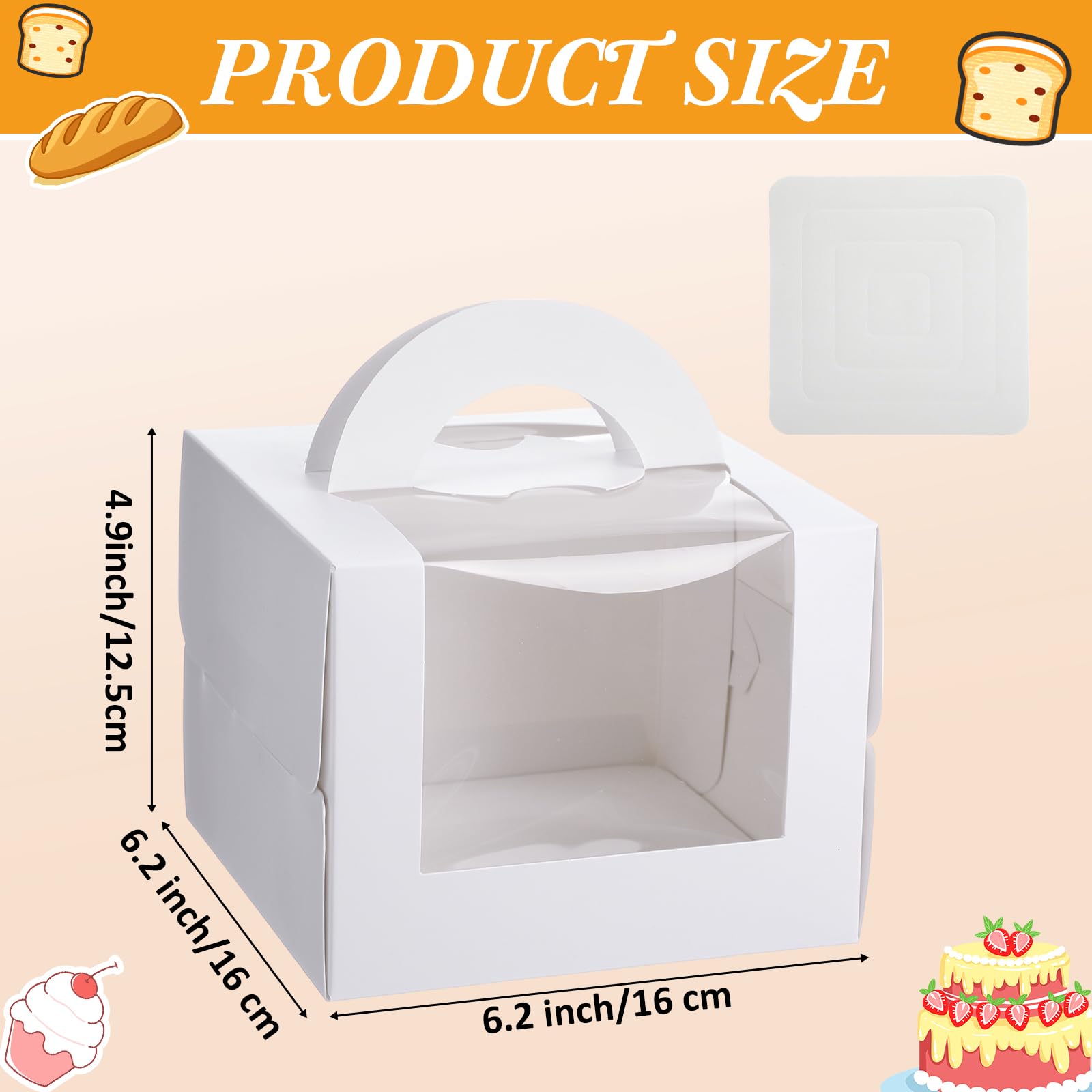 LOYIM 32 Pcs Bento Cake Boxes 6 x 6 x 5 Inch Paper Bakery Box with Board Window and Handle Cupcake Holder Carrier Gift Container