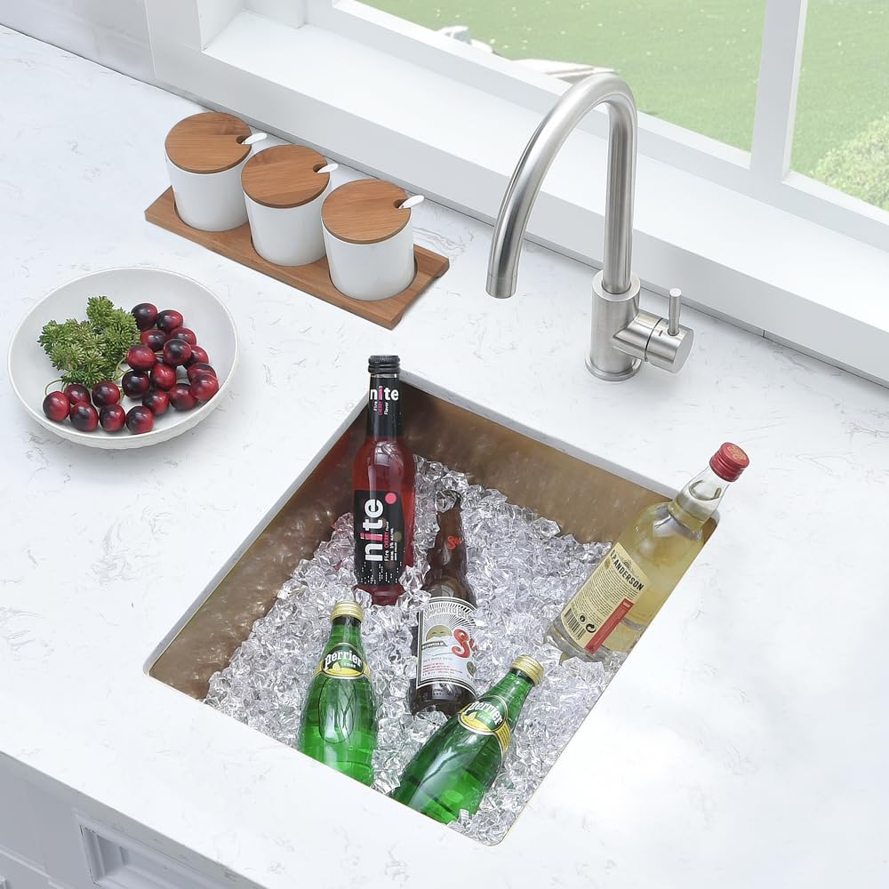 Boomhoze Gold Bar Sink Undermount, 13 X 15 Inch Kitchen Sink Gold Sink 16 Gauge Stainless Steel Undermount Bar Sink Single Bowl