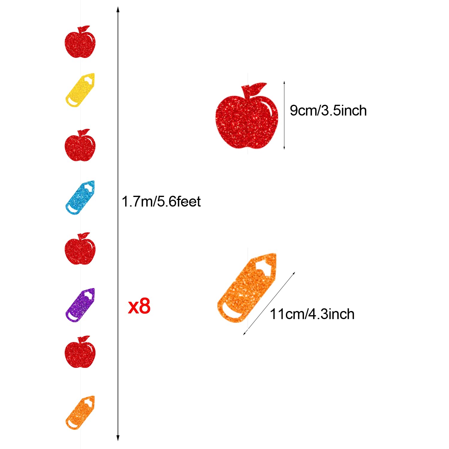 Bzbais 8 Pieces Welcome Back To School Apples Hanging Decorations Colorful Glittery Back To School Pencil Garlands Home Classroo