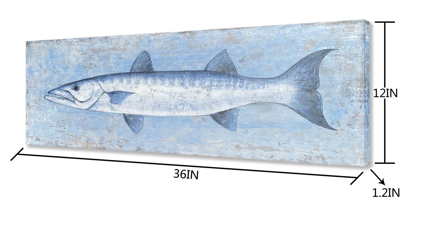 Yihui Arts Blue And White Fish Canvas Wall Art - Coastal Paintings With Textured For Living Room Bedroom Bathroom Decor