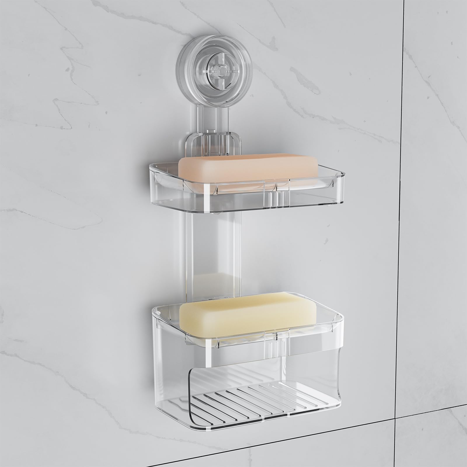 FEPTUASE Suction Cup Soap Holder, Double Layer Soap Dish, 2 Tier No Drilling, Self Draining, Removable, Clear Acrylic Bar Soap H