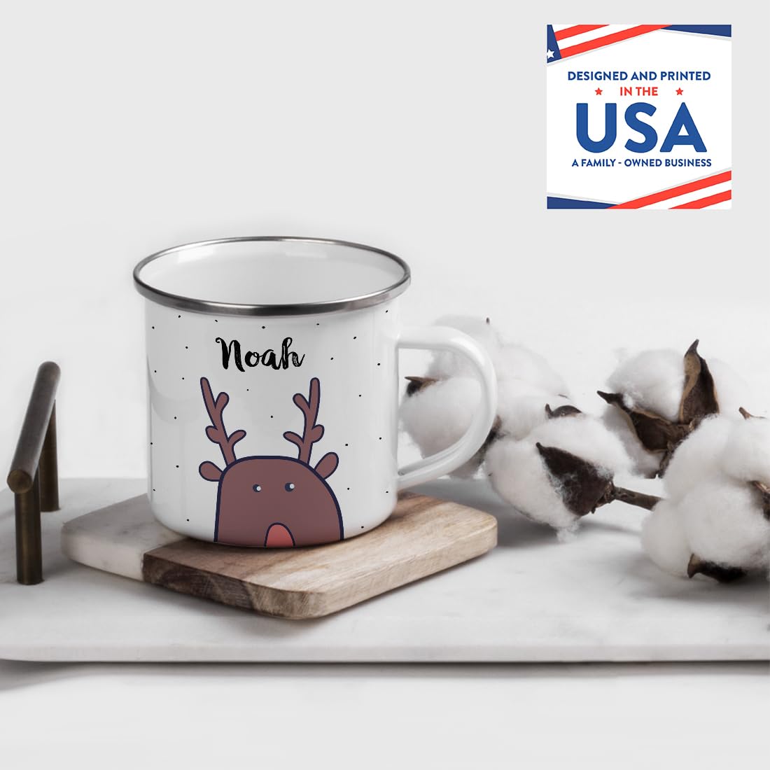 Andaz Press Personalized 11Oz. Christmas Hot Chocolate Stainless Steel Campfire Coffee Mug Gift, Reindeer, 1-Pack, Custom Name E