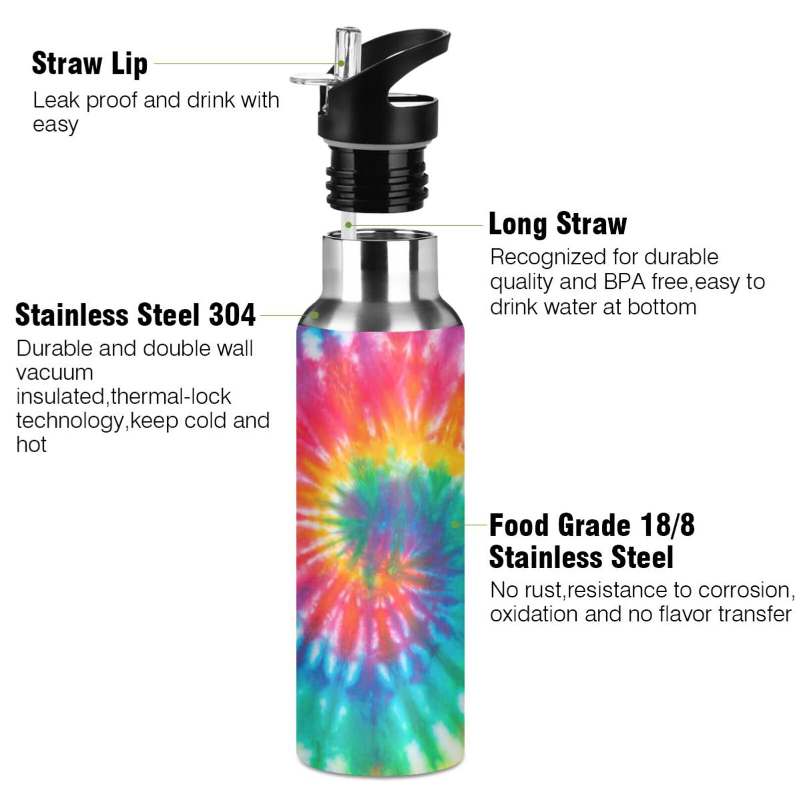 Tie Dye Rainbow Water Bottle Girls Insulated Thermos Kids Women Stainless Steel Hot Cold Water Flask Jug Straw Lid For Sports Gy