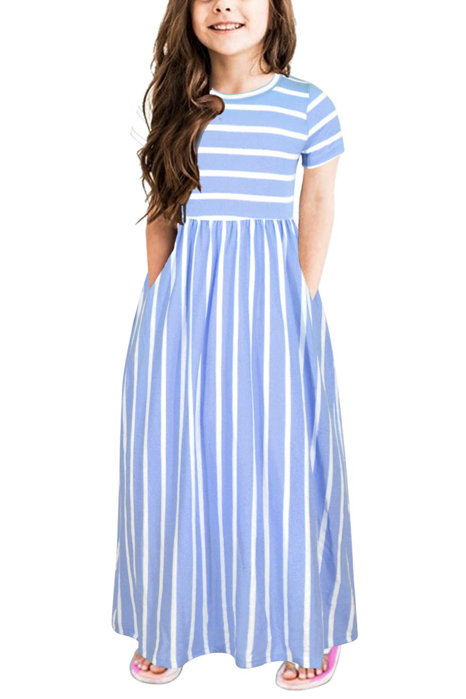 Gorlya Girls Short Sleeve Floral Print Loose Casual Holiday Long Maxi Dress With Pockets (8Yearsheight:130Cm, Blue Stripe)