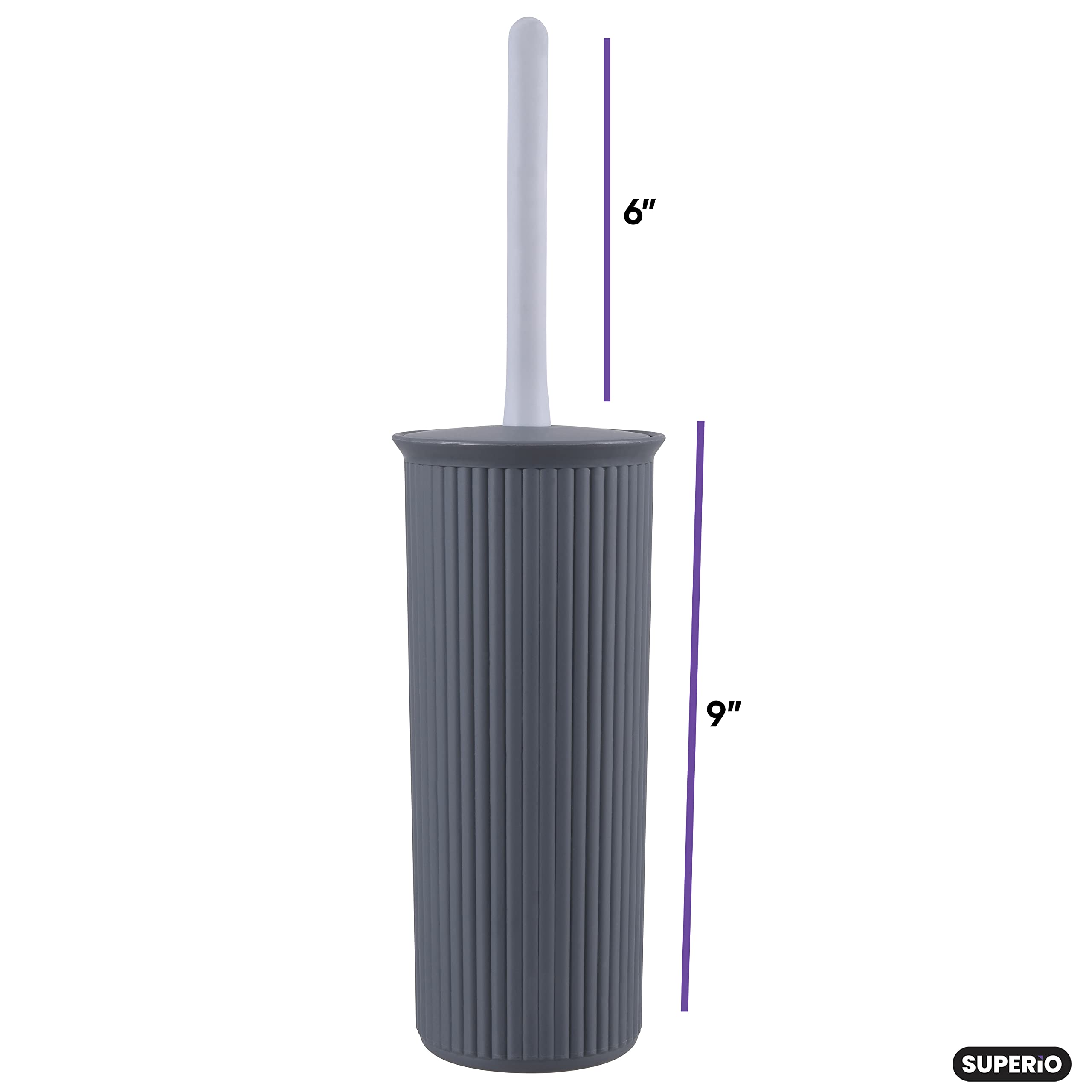 Superio Ribbed Collection - Decorative Plastic Toilet Bowl Brush And Holder Set, Grey (2 Pack) Cleaner Scrubber For Bathroom