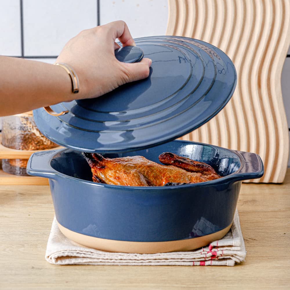 HVH Ceramic Casserole Dish Set, 2 Quart, Oven Safe, 9" Round Baking Dish with Lid, Deep Farmhouse Style, Blue