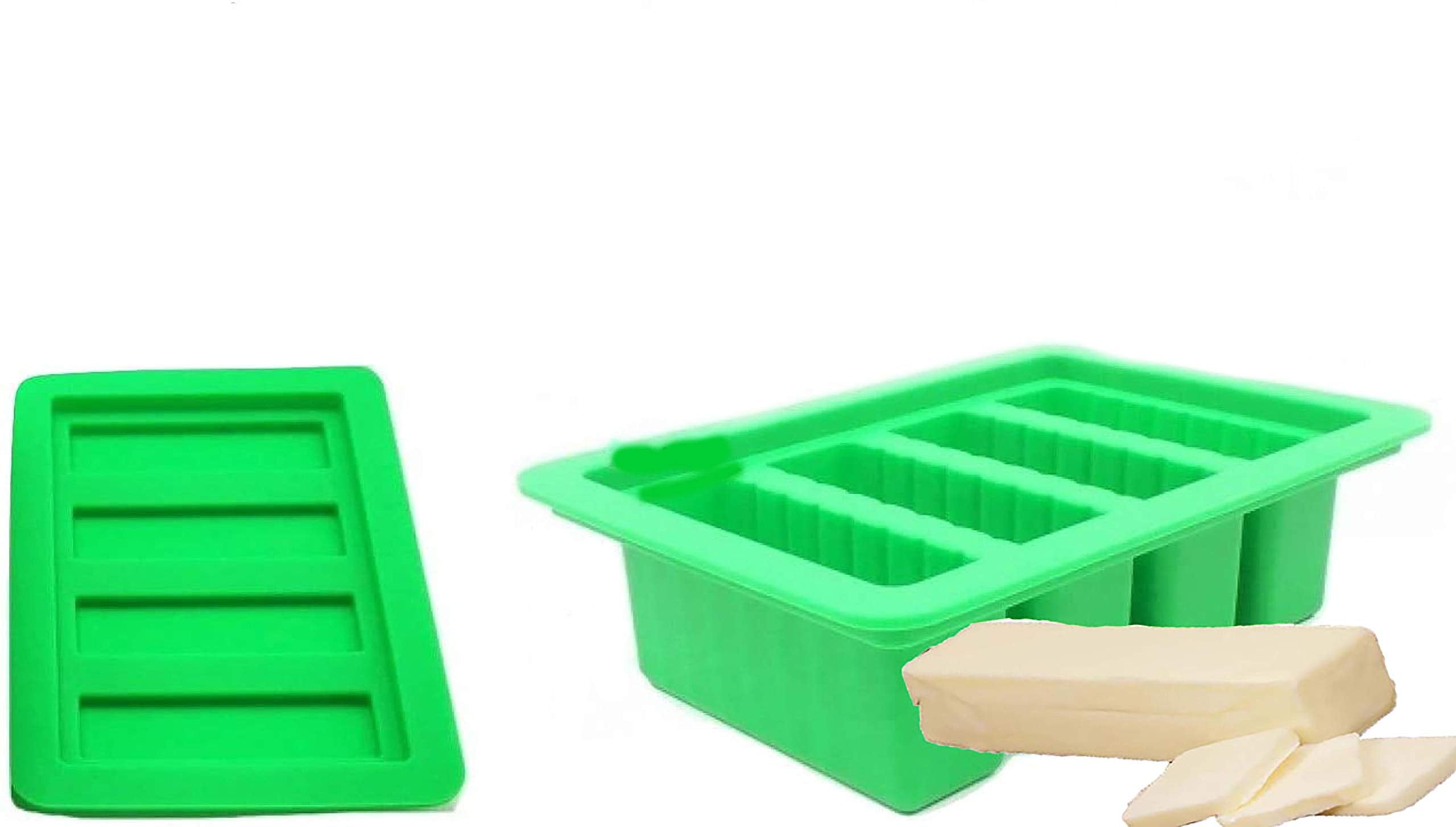 Pizety Large 4 Cavities Butter Mold Silicone Green, Butter Mold With Lid, Butter Molds Silicone 4 Measurements Cavities Butter S