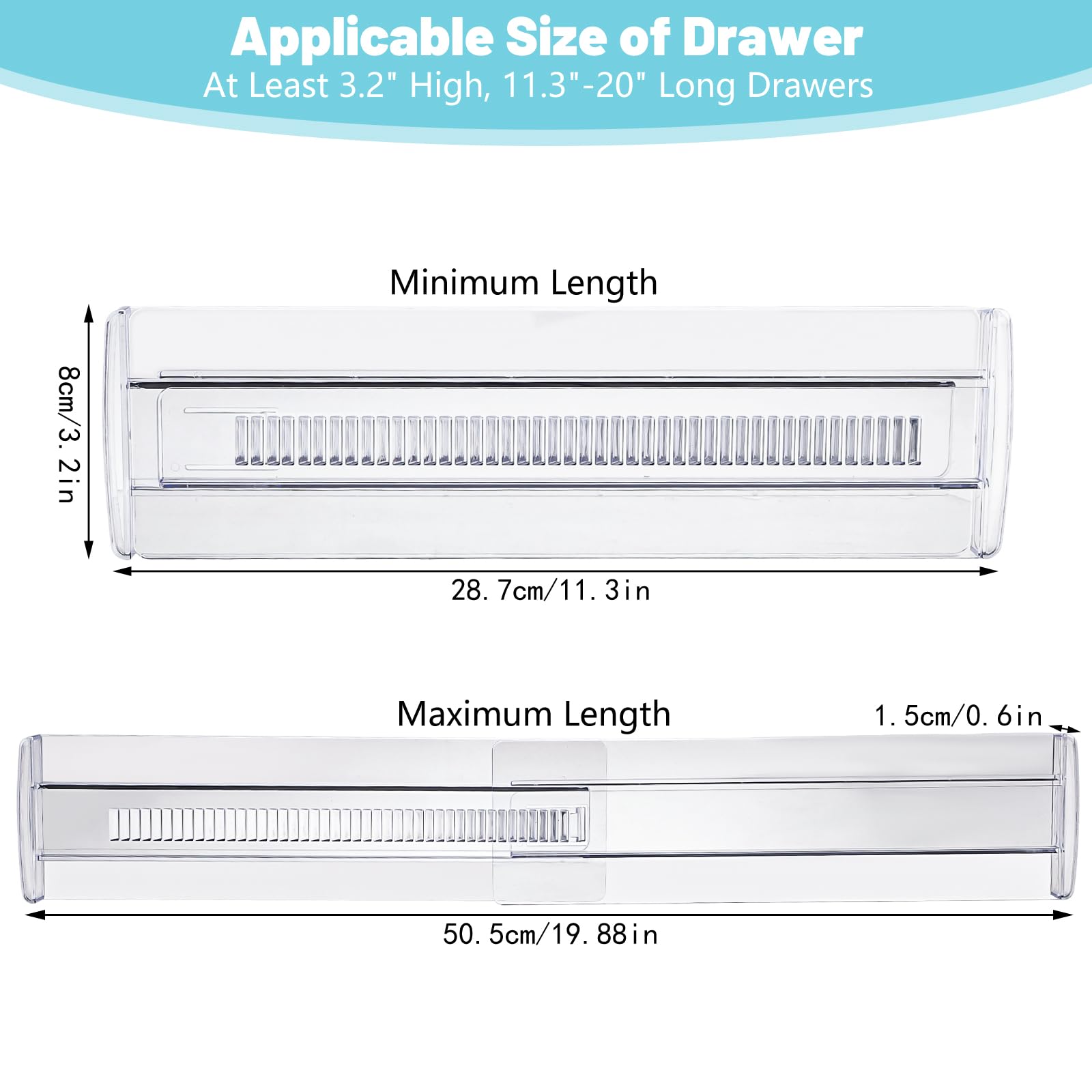 Drawer Dividers, 8 Pack Adjustable Drawer Organizers 3.2'' High Expandable from 11.3-20'' Clear Expandable Dresser Organizer for