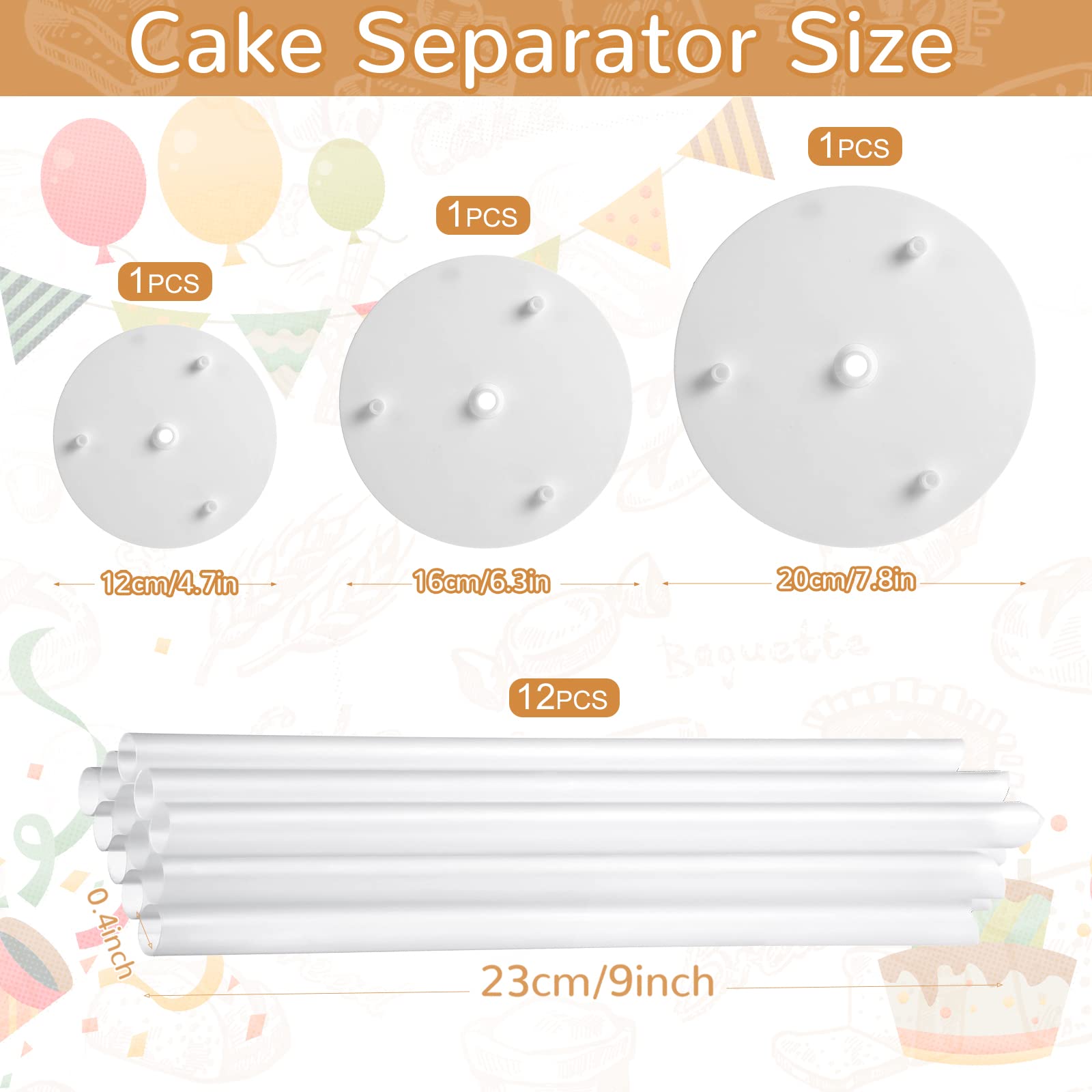 Honeydak 15 Pieces Cake Separator Plates Stands Set Include 3 Pcs Cake Separator Plates 6, 8, 10 Inch Cakes 12 Pcs Plastic Cake
