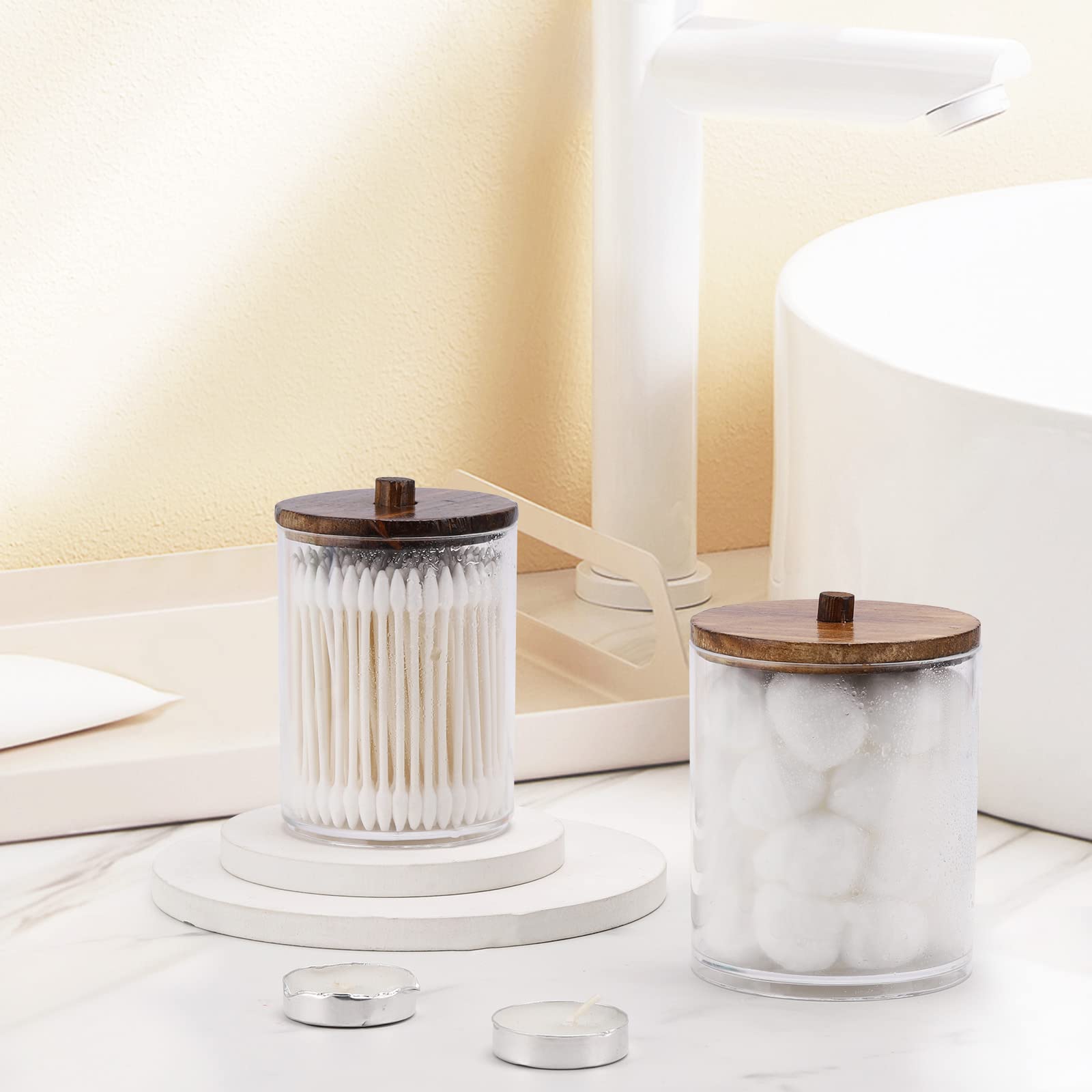 Tbestmax 4 Pack Qtip Holder Dispenser Cotton Ball  Cotton Swab  Floss - 12oz  10 oz Clear Plastic Apothecary Jars for Bathroom Organizer and Storage Containers (Black Wood Lids)