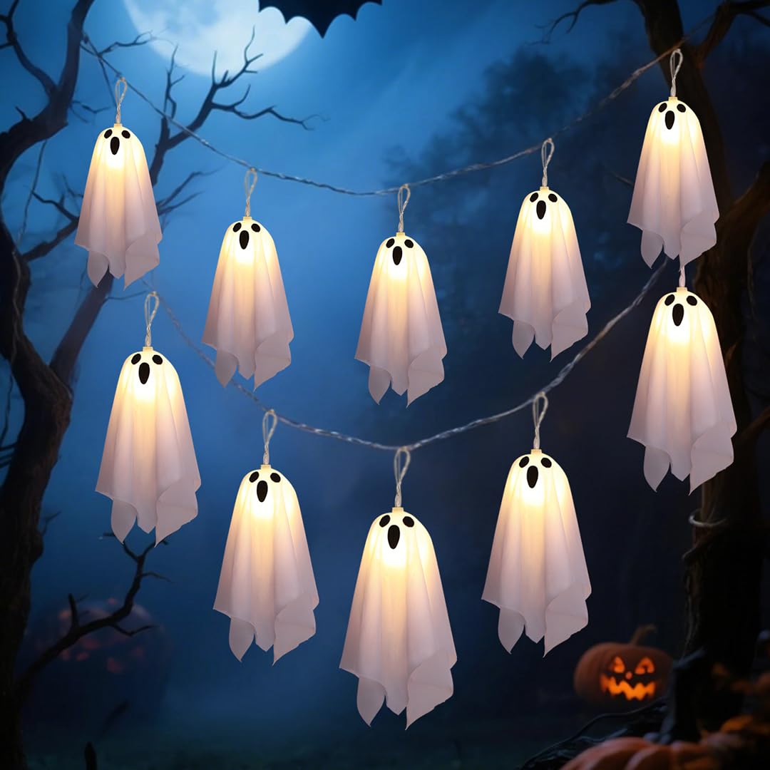 Halloween Decorations Outdoor Hanging Ghosts, Hanging Ghost String Lights 20FT LED Ghost Light with White Creep Cloth and Black 