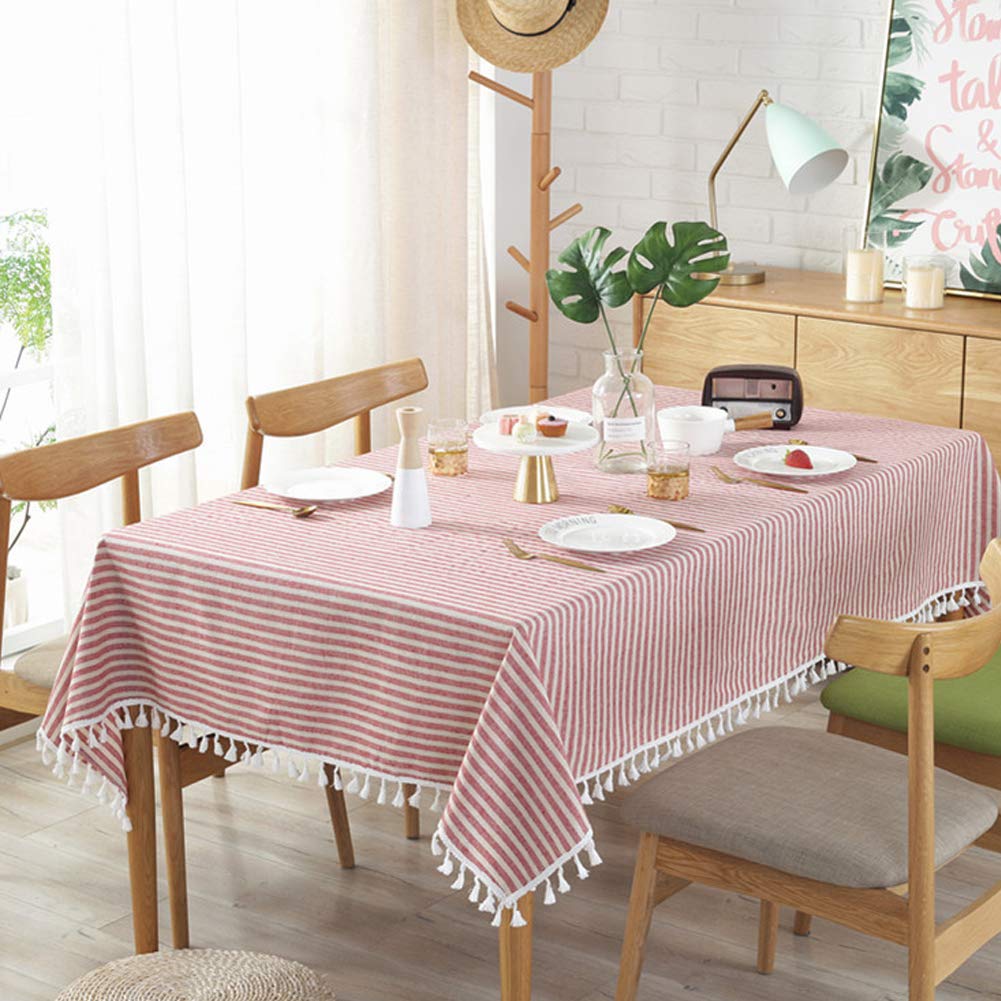 AMZALI Stripe Tassel Tablecloth Cotton Linen Stain Resistant/Dust-Proof Waterproof Table Cover for Kitchen Dinning Tabletop Decoration (Rectangle/Oblong 35 x 55 Inch  Red)