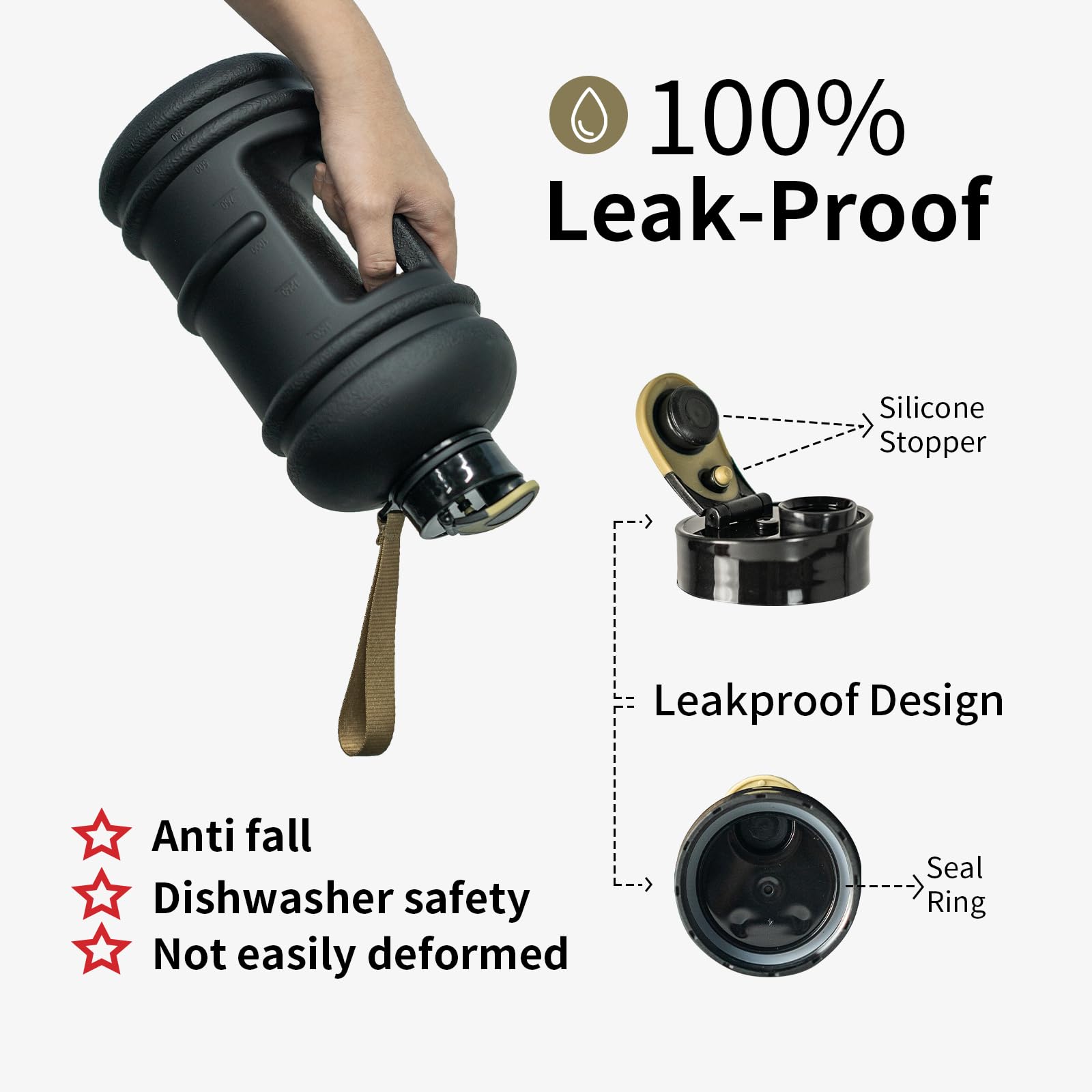 TOOFEEL 2 Liter Water Bottles - Half Gallon Water Bottle BPA Free - Ideal for Gym  Big Water Jug  Reusable Sports Bottle with Measurements Marked Drink Container (2.2L 74oz Matte Black Water Jugs)