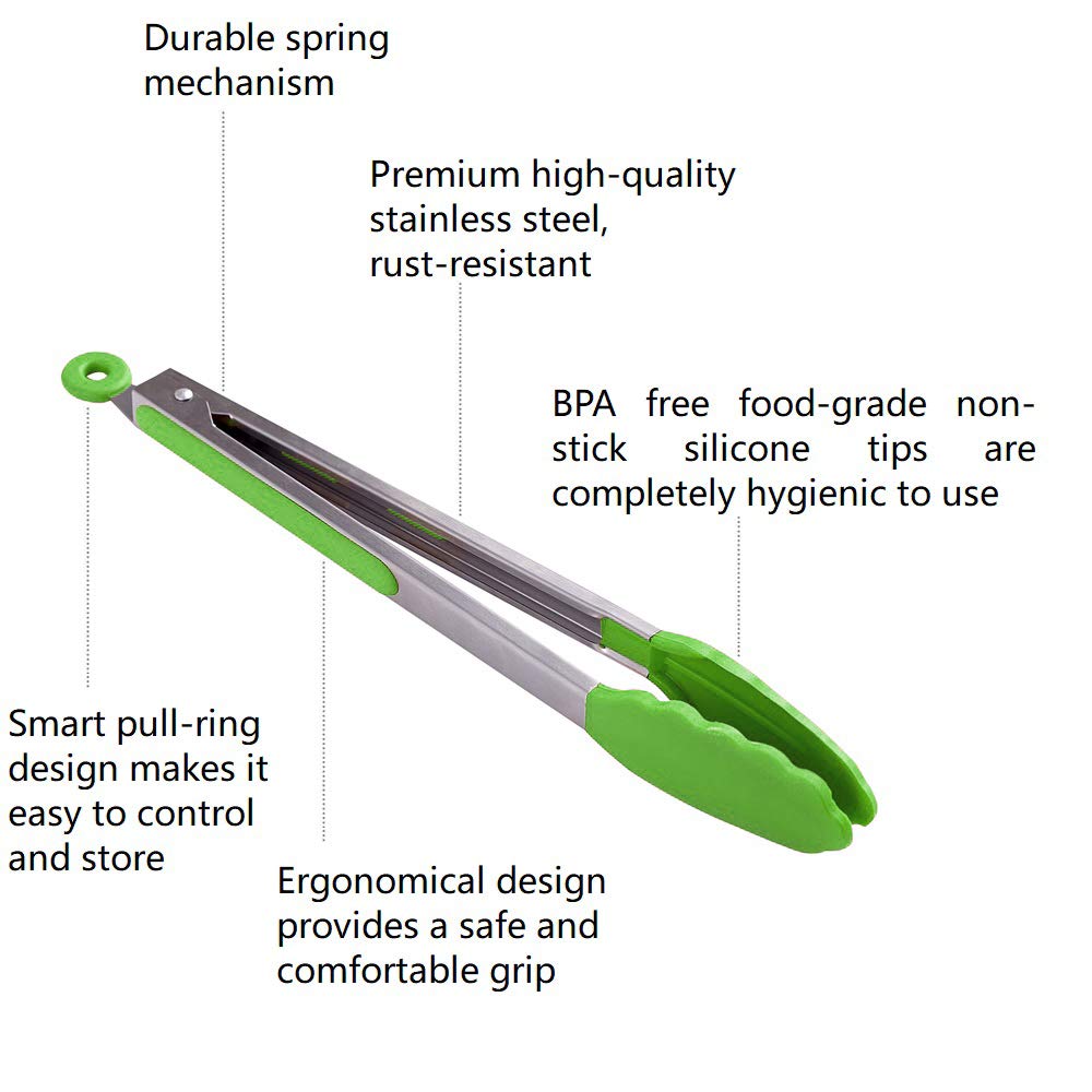 Hiramware Kitchen Tongs Set Of 2 - 9 Inch & 12 Inch - Stainless Steel Food Tongs With Silicone Tips - Premium Locking Non-Stick
