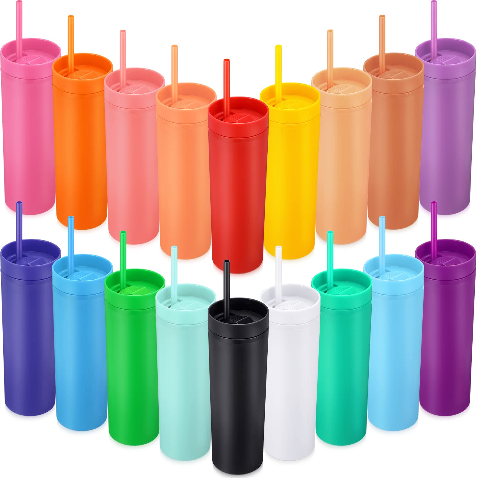 Raiten 27 Pieces Skinny Tumbler Cups with Lids and Straws 16 oz Acrylic Tumblers Bulk Colored Matte Tumblers Reusable Double Wal