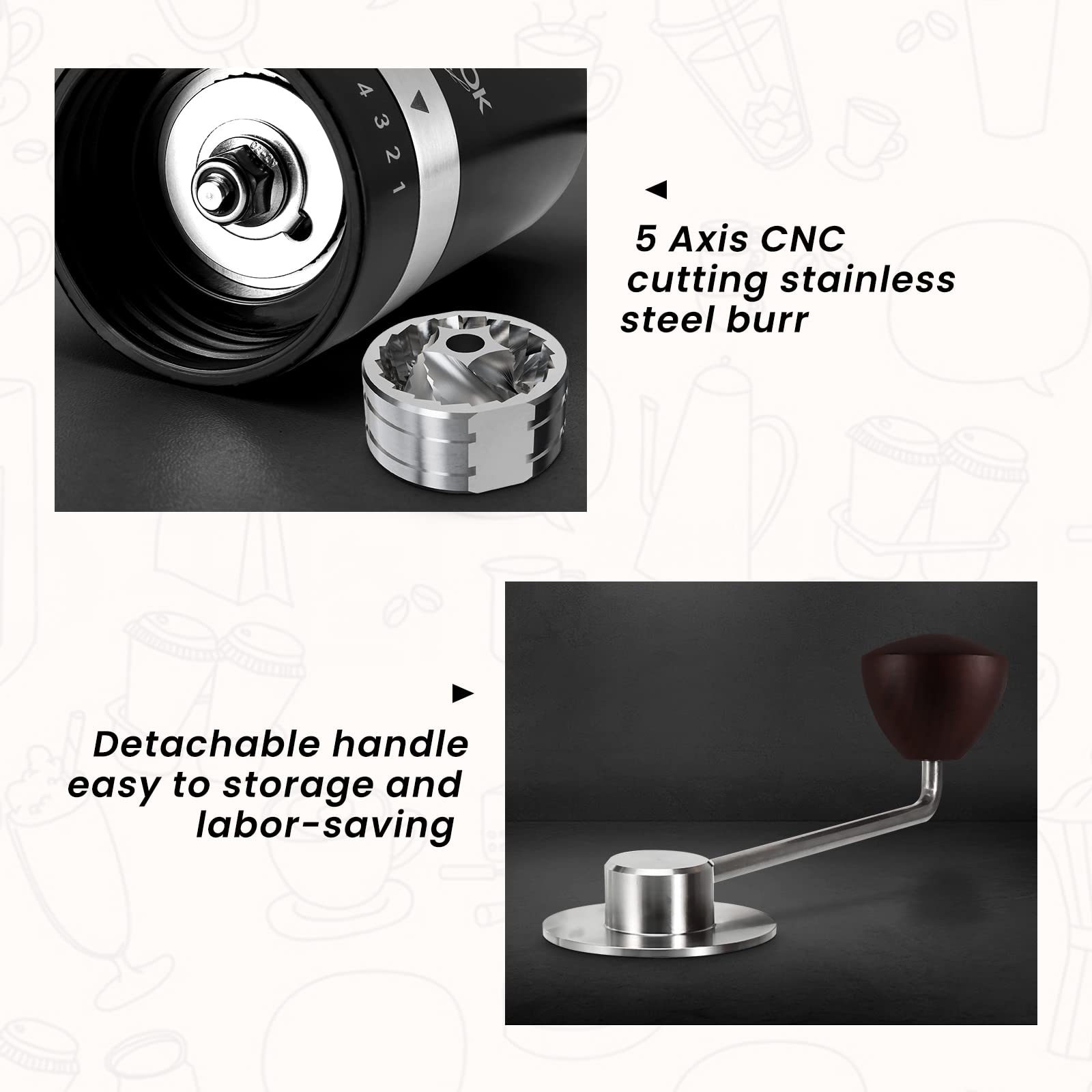 Vevok Chef Manual Coffee Grinder Hand Coffee Grinder 6 External Adjustable Setting Stainless Steel Conical Burr Coffee Mill Port