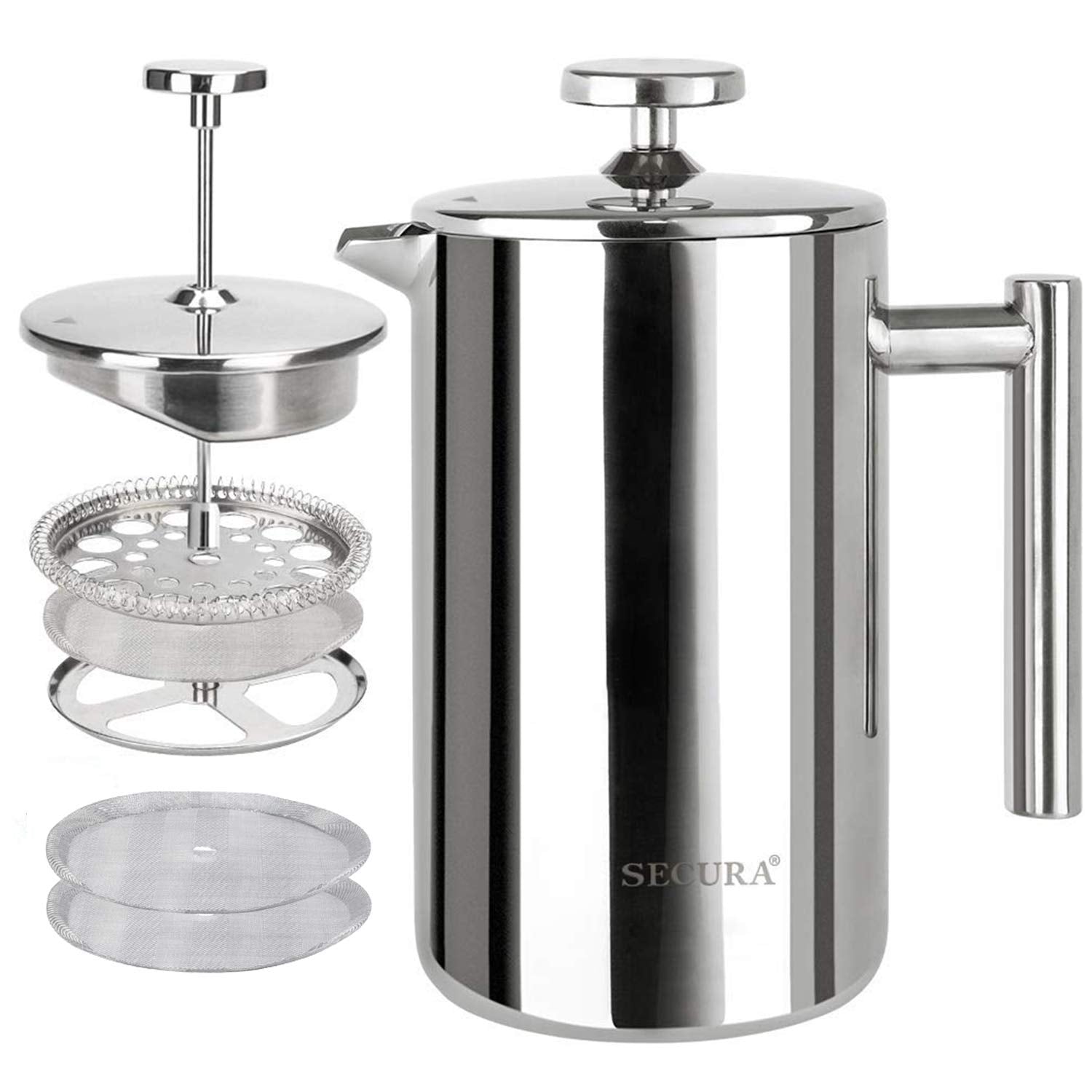 Secura French Press Coffee Maker, 304 Grade Stainless Steel Insulated Coffee Press With 2 Extra Screens, 17Oz (0.5 Litre), Silve