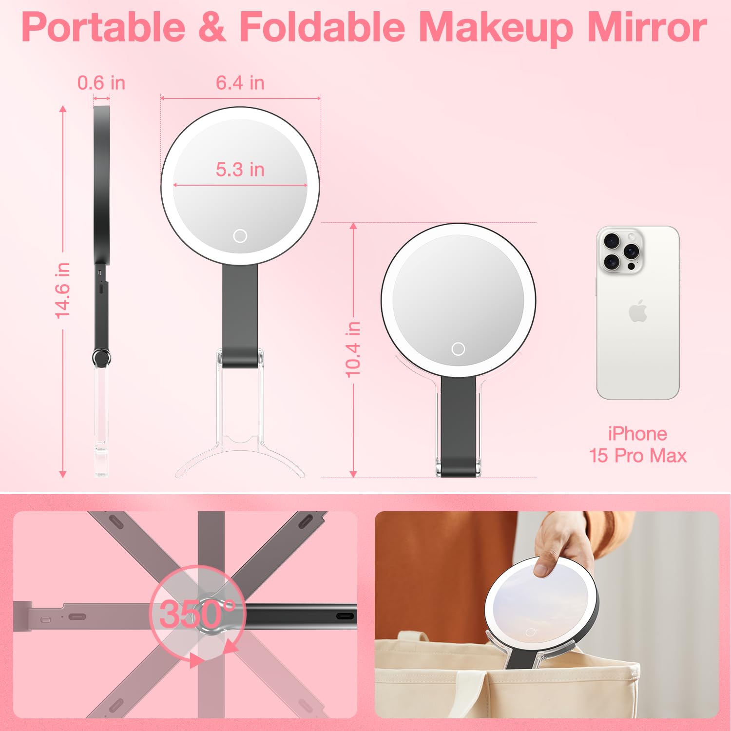 Benbilry Lighted Travel Makeup Mirror With 10X Magnification & 3 Color Lights, Adjustable Brightness & Stand, Tabletop & Hanging