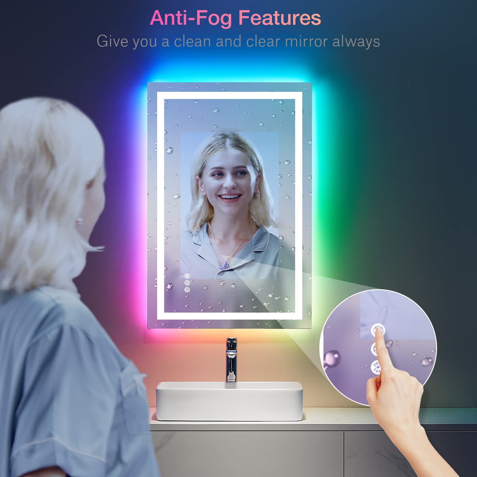 LOAAO 36''X24'' LED Bathroom Mirror with Lights  Anti-Fog  Dimmable  RGB Backlit + Front Lighted  Bathroom Vanity Mirror for Wall  Memory Function