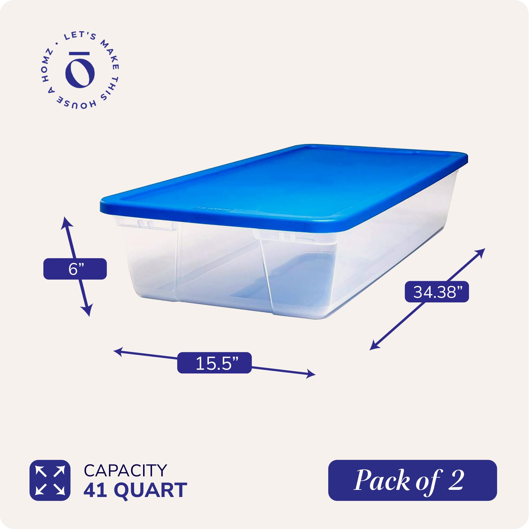 Homz 2 Pack Storage Bins, Clear Plastic Organizing Containers W/Blue Lids, 41 Quart