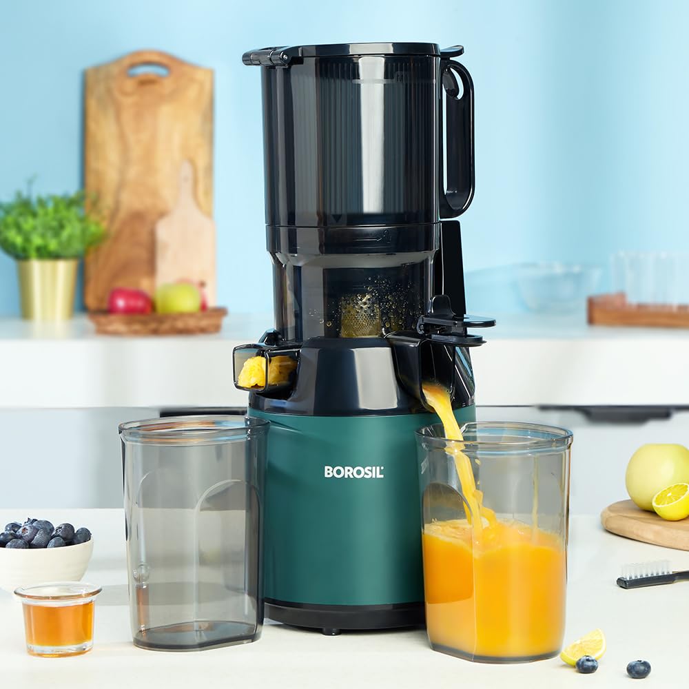 Borosil Vita Rich Cold Press Juicer | 250 Watts, 1.5 L Wide Mouth Hopper, 1 L Jug & Pulp Collector With Anti Drip Tap | Reverse 