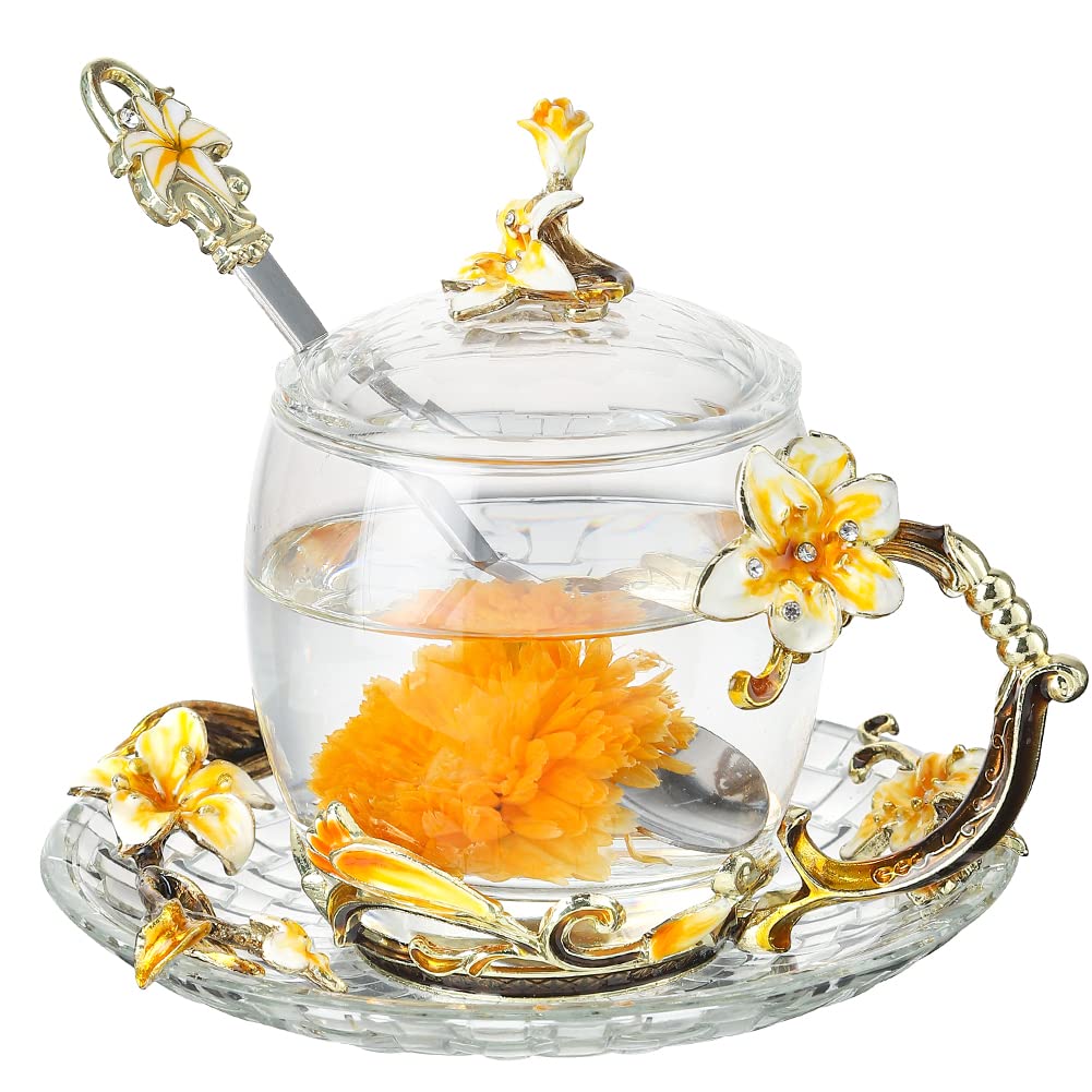 Lantree Fancy Tea Cups With Lid Mother'S Day Cup Gift Lily Glass Coffee Mug With Spoon Birthday Gift For Tea Lover Novely Cup Ho