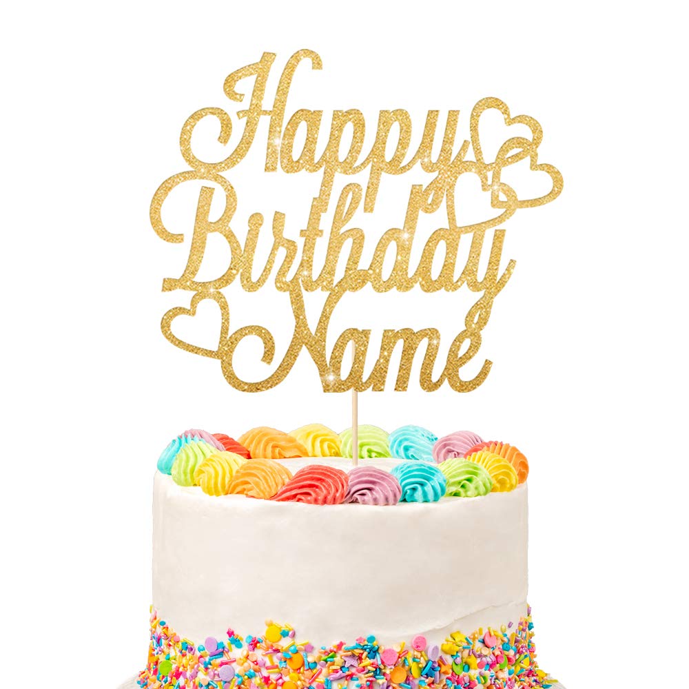 Personalized Happy Birthday Cake Topper | Customized Name Cake Decoration | Double Sided Glitter Card | Gold