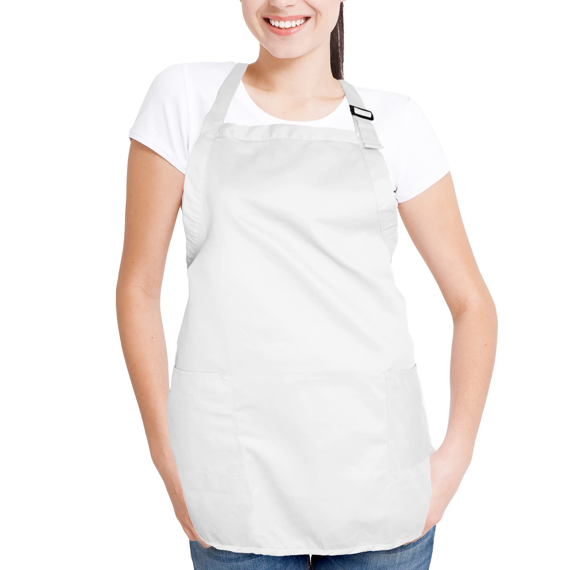 Dalix Apron Commercial Restaurant Home Bib Spun Poly Cotton Kitchen Aprons (2 Pockets) In White 2 Pack