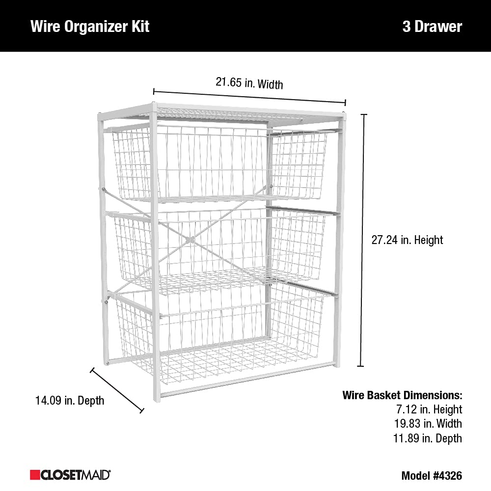 Closetmaid Wire Basket 3 Drawer Organizer Unit With Shelf For Pantry, Closet, Clothes, Linens, Sturdy Steel, Easy Assembly, Whit
