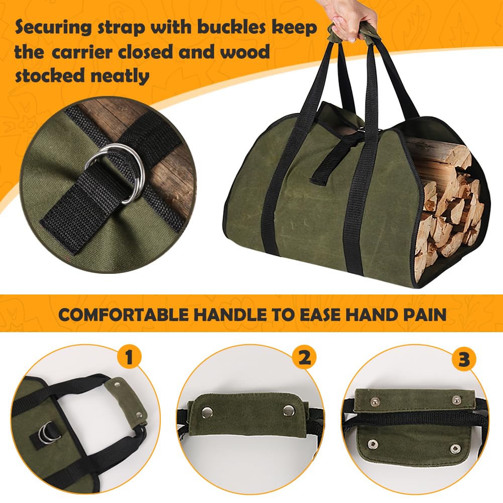 HRX Package Waxed Canvas Firewood Bag Carrier  Water Resistant Log Tote Wood Carrying Bag With Handles for Camping Trip Christmas Gift