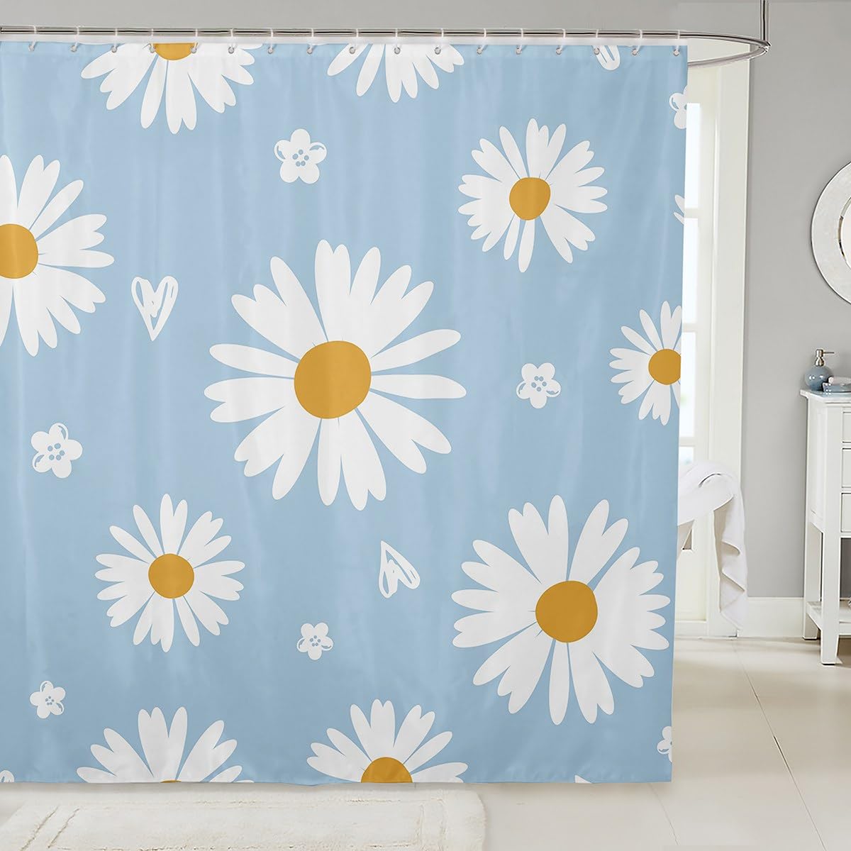 Daisy Shower Curtain White Flower Leaves Bathroom Curtain For Kids Boys Girls Women Bathtub Decor,Botanical Garden Artwork Water