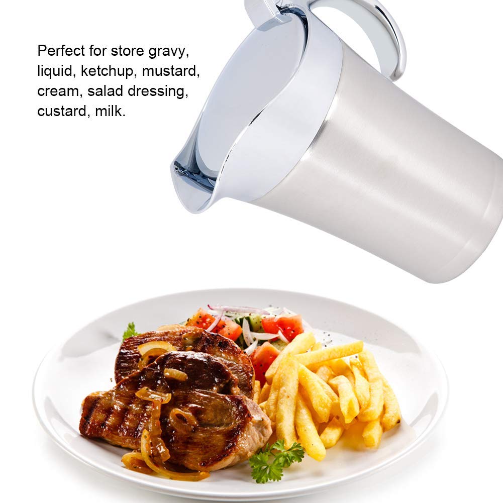 450Ml/750Ml 304 Stainless Steel Thermal Sauce Pot, Double Wall Insulated Gravy Boat Pot With Lid Serving Jug Bucket With Non-Dri