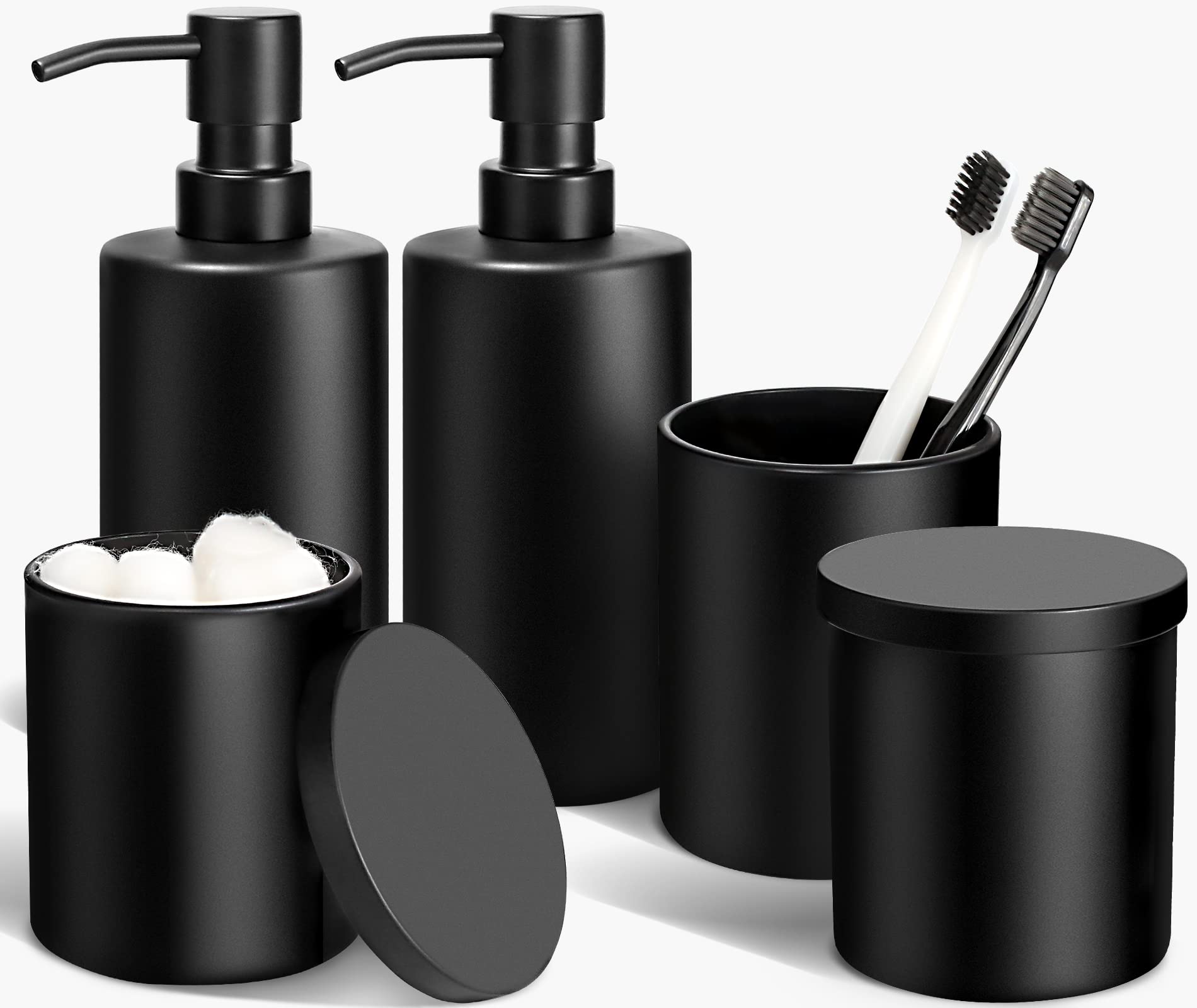 Alpiriral Matte Black Bathroom Accessories Set, 5 Pcs Bathroom Accessories Set, Glass Soap Dispenser And Toothbrush Holder Set,