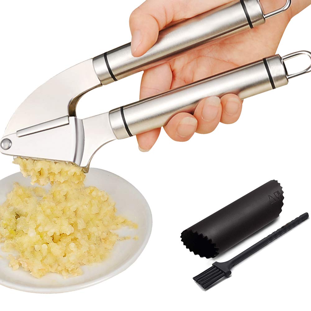 Sunkuka Premium Garlic Press Set - Large Capacity Stainless Steel Mincer, Crusher & Peeler, Ergonomic Design, Rust Roof, Easy Cl